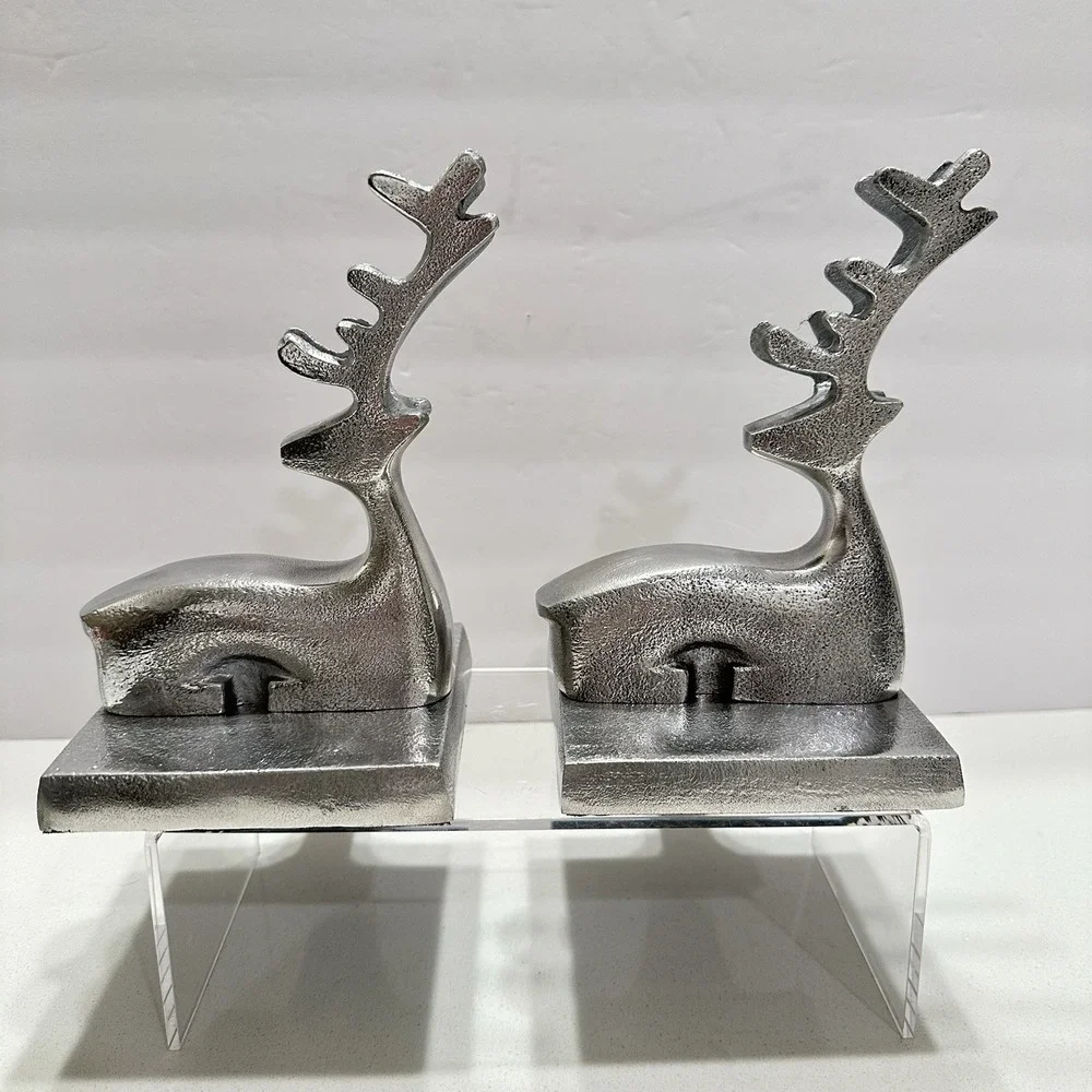 Crate Barrel Reindeer Brushed Matte Silver Stocking Hanger Holder Hooks SET of 2